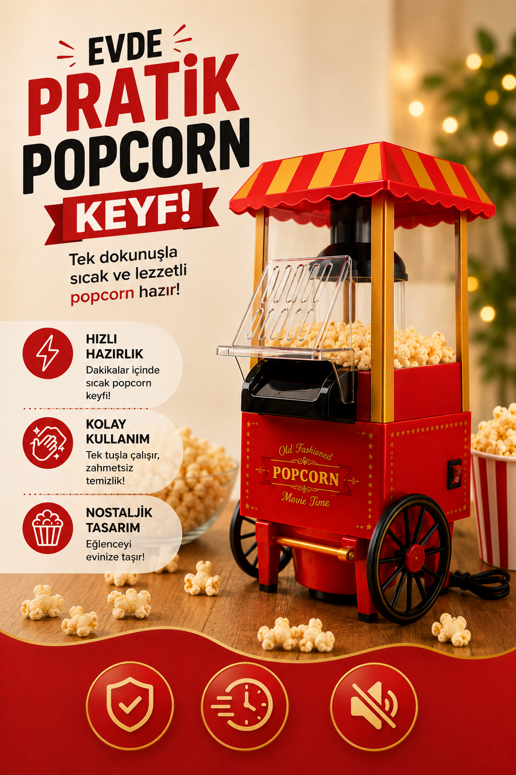 Popcornio Nostaljik Popcorn Makinesi – Evde Sıcak Sinema Keyfi