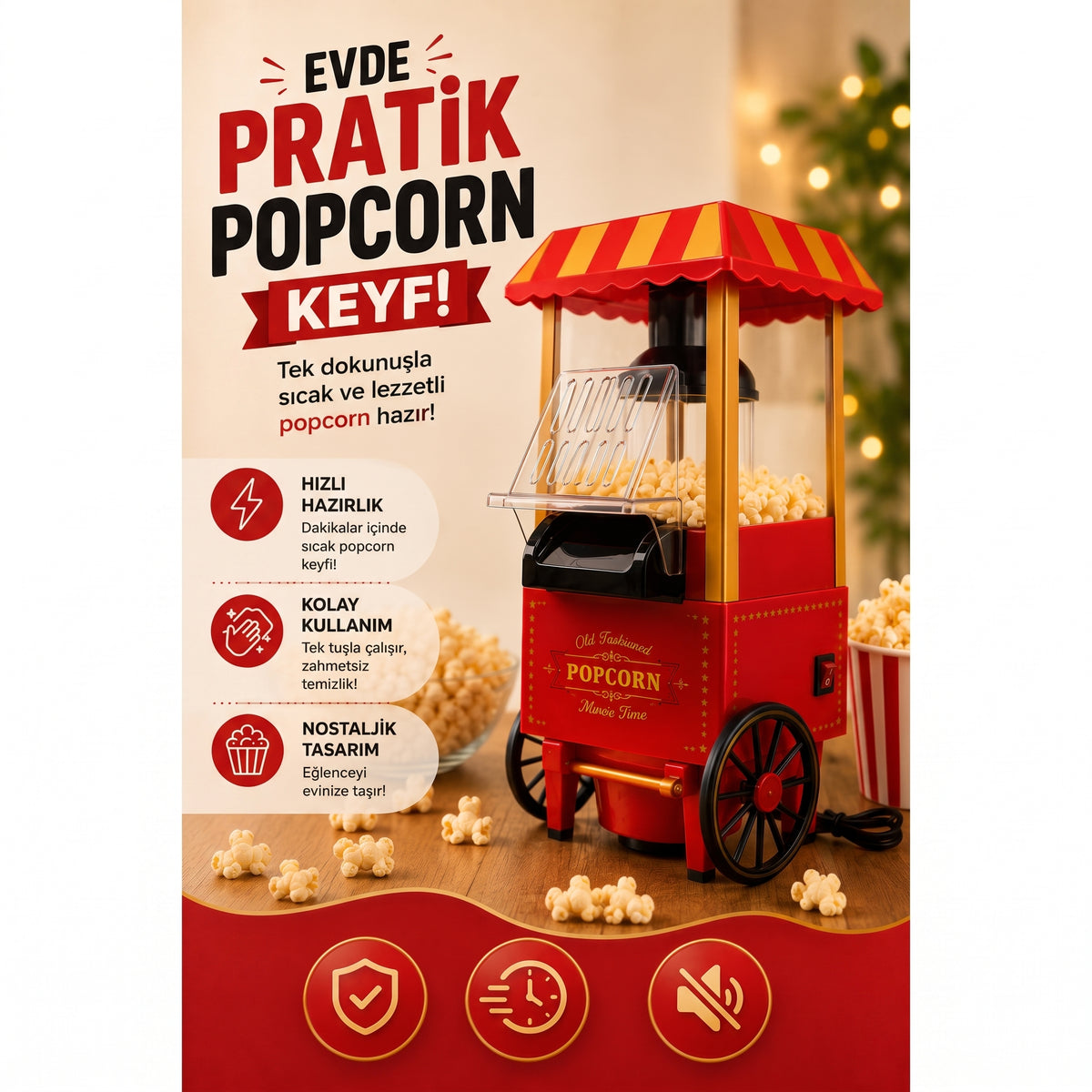 Popcornio Nostaljik Popcorn Makinesi – Evde Sıcak Sinema Keyfi