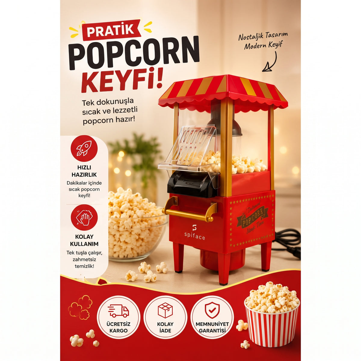 Popcornio Nostaljik Popcorn Makinesi – Evde Sıcak Sinema Keyfi