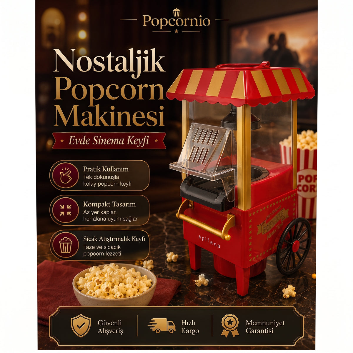 Popcornio Nostaljik Popcorn Makinesi – Evde Sıcak Sinema Keyfi