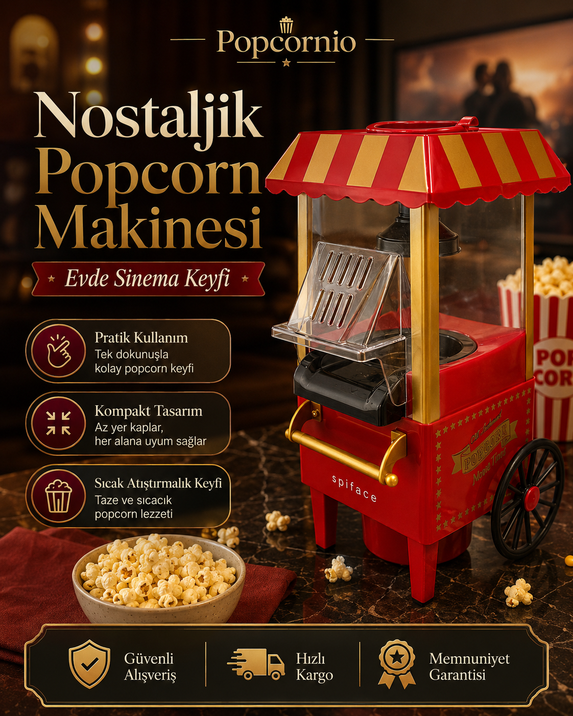 Popcornio Nostaljik Popcorn Makinesi – Evde Sıcak Sinema Keyfi