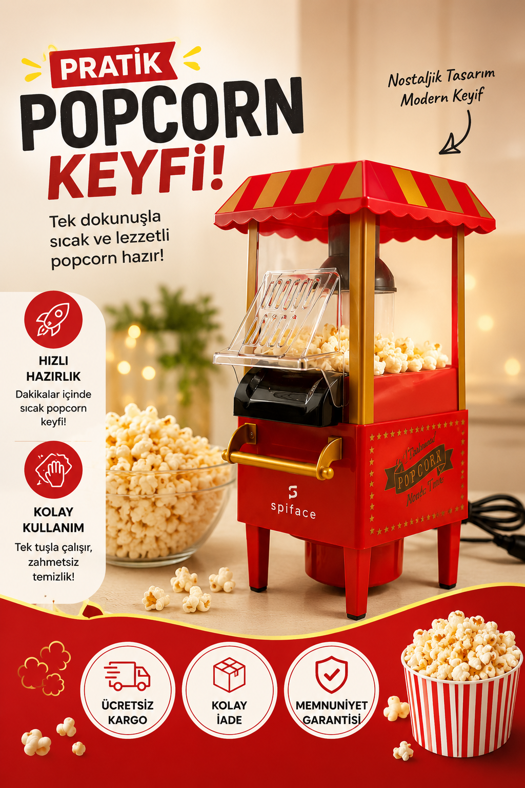 Popcornio Nostaljik Popcorn Makinesi – Evde Sıcak Sinema Keyfi
