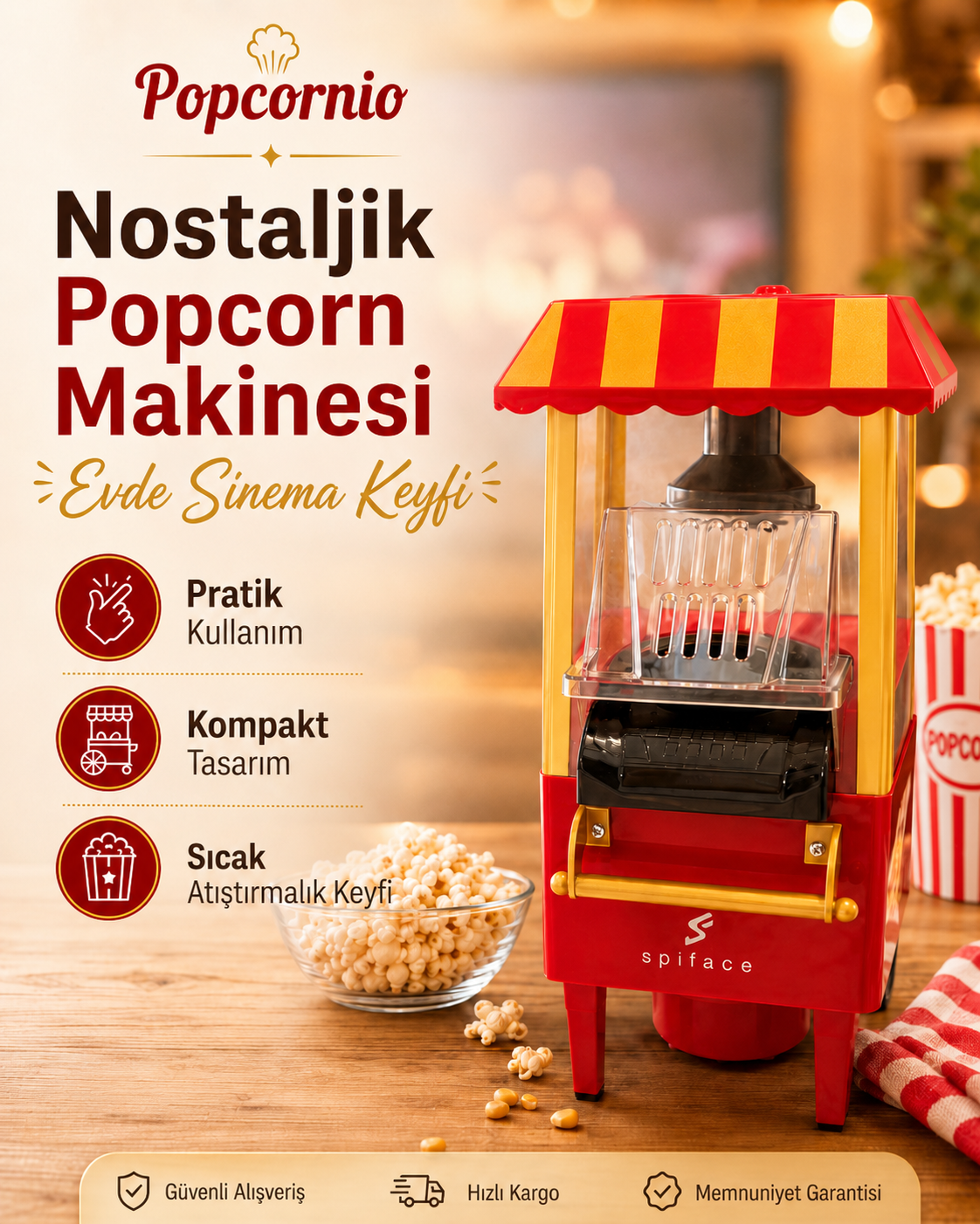 Popcornio Nostaljik Popcorn Makinesi – Evde Sıcak Sinema Keyfi